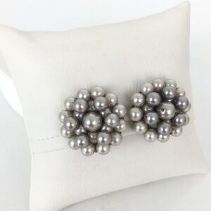 Vintage Signed Japan Clip On Earrings Faux Pearl Beaded Cluster Gray Retro Mod